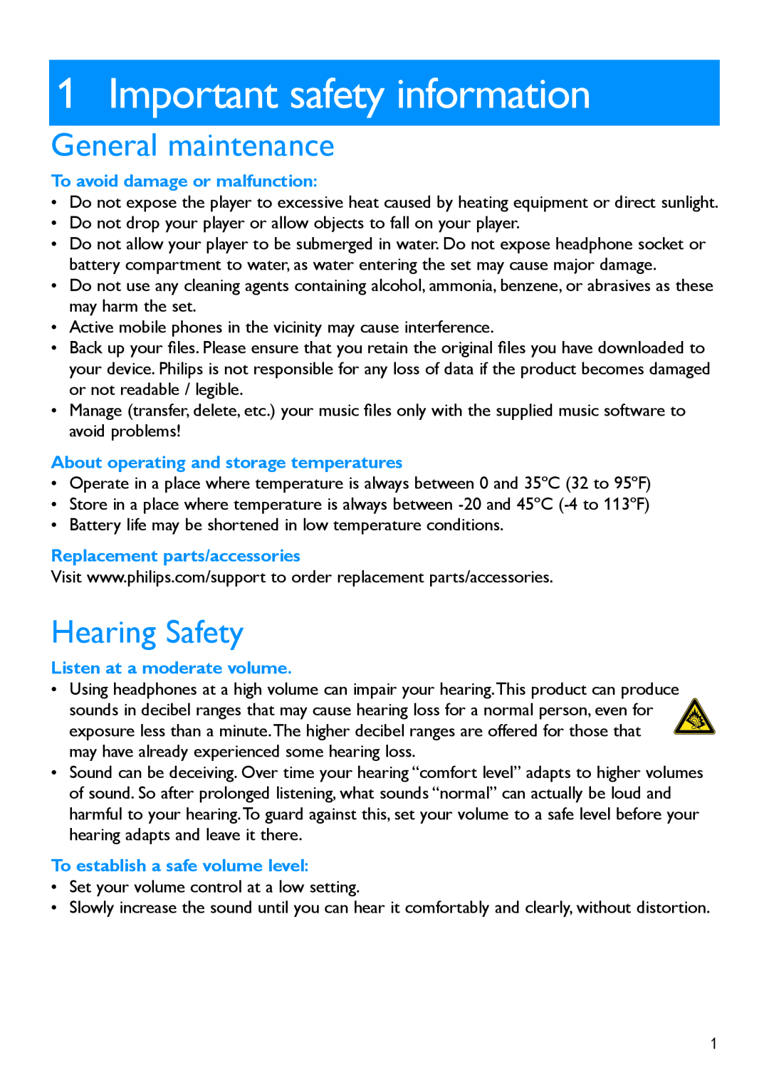 Philips SA1917, SA1919 Important safety information, General maintenance, Hearing Safety, To avoid damage or malfunction 