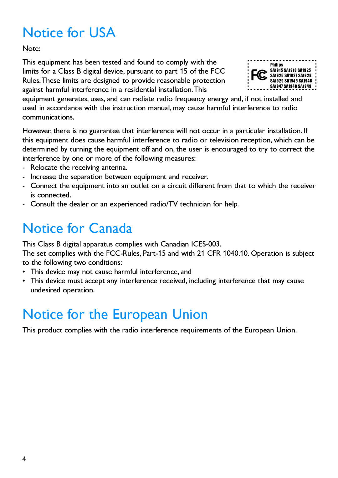 Philips SA1917, SA1919, SA1916 manual Notice for USA, Notice for Canada, Notice for the European Union 