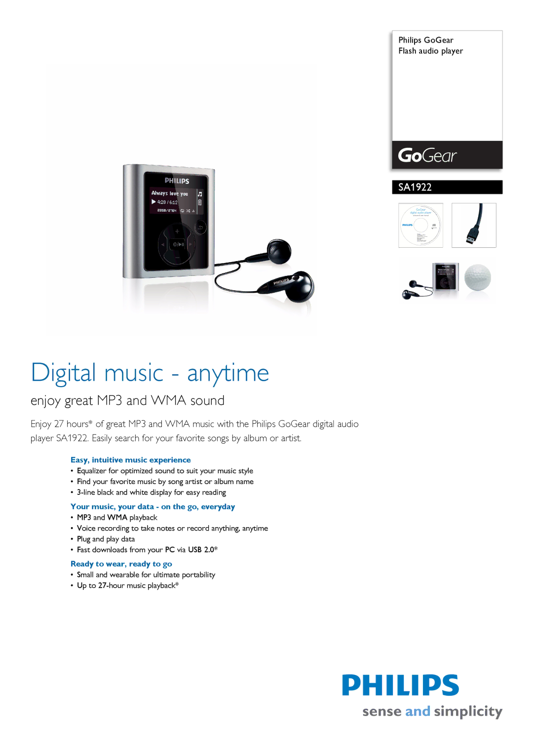 Philips SA1922 manual Easy, intuitive music experience, Your music, your data on the go, everyday 