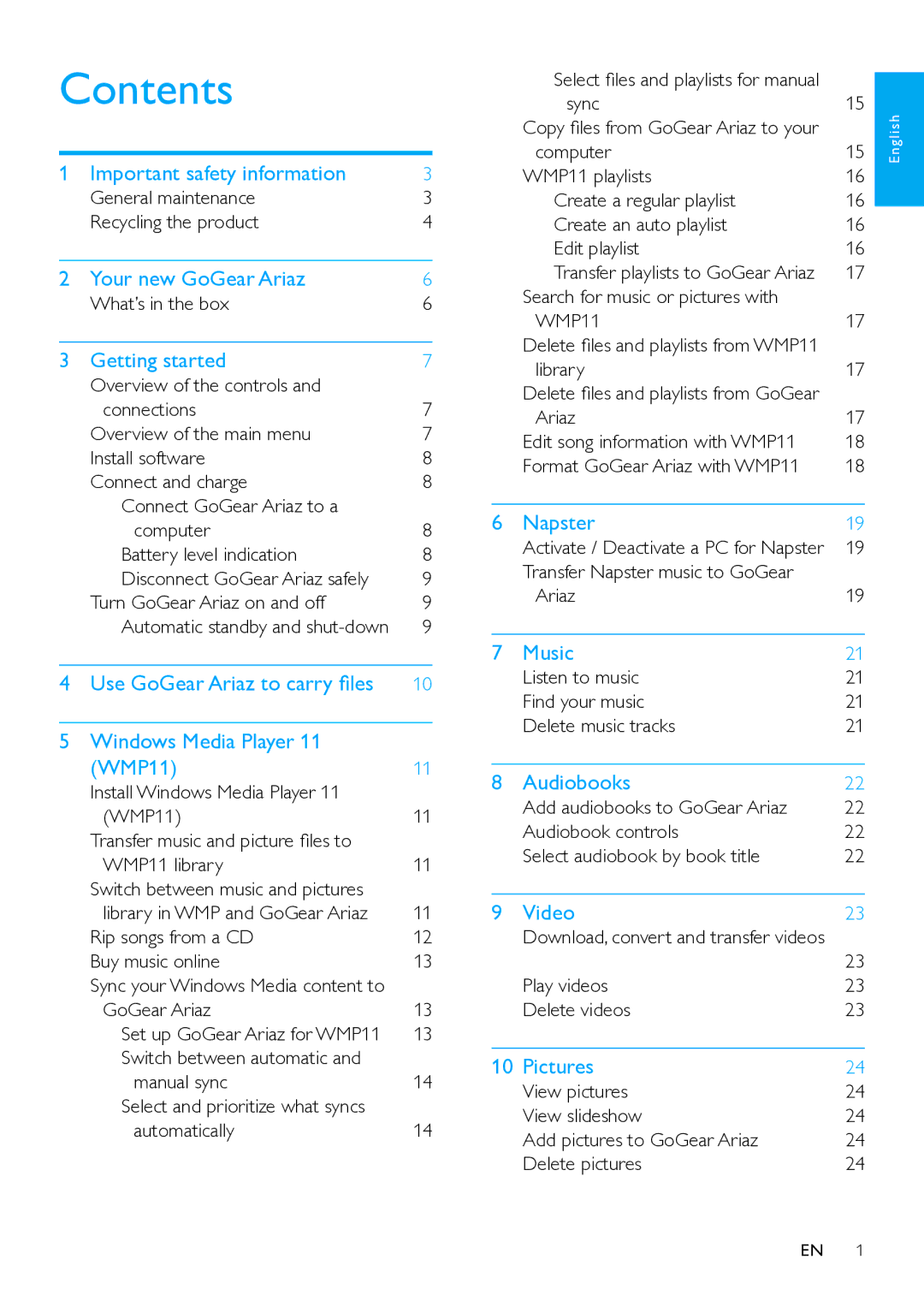 Philips SA1ARA manual Contents 