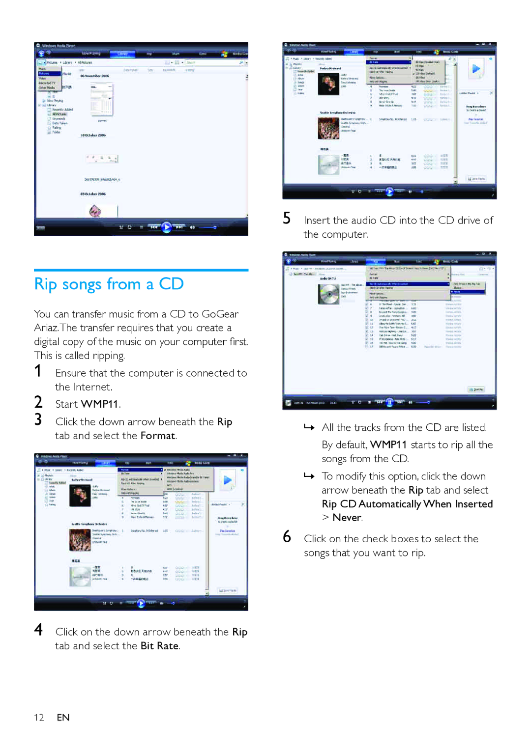 Philips SA1ARA manual Rip songs from a CD 