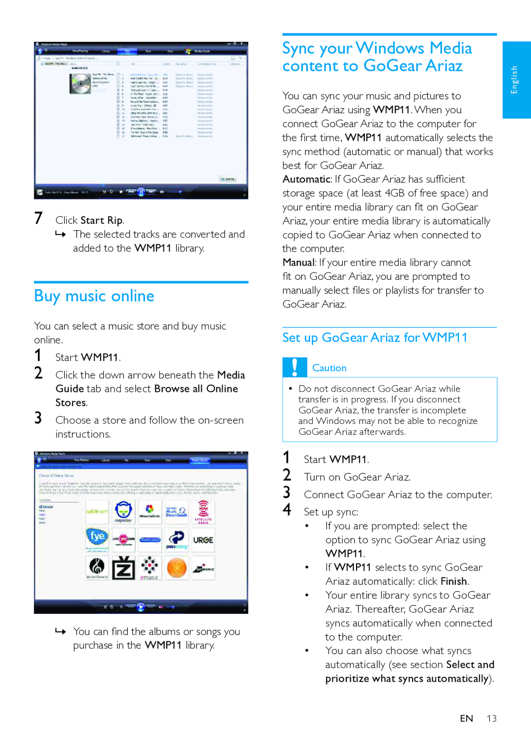 Philips SA1ARA manual Buy music online, Sync your Windows Media Content to GoGear Ariaz, Set up GoGear Ariaz for WMP11 