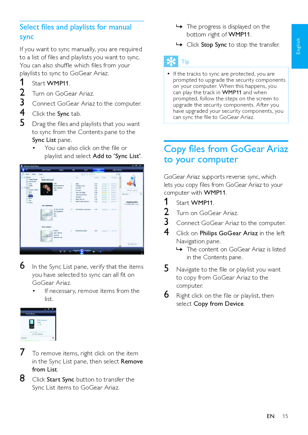 Philips SA1ARA Copy files from GoGear Ariaz to your computer, Select files and playlists for manual sync 