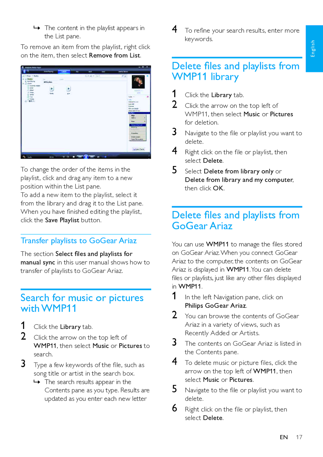 Philips SA1ARA manual Search for music or pictures with WMP11, WMP11 library, Delete files and playlists from GoGear Ariaz 