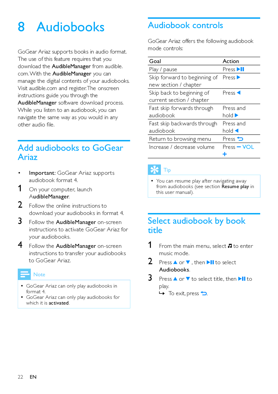 Philips SA1ARA manual Audiobooks, Add audiobooks to GoGear Ariaz, Audiobook controls, Select audiobook by book title 