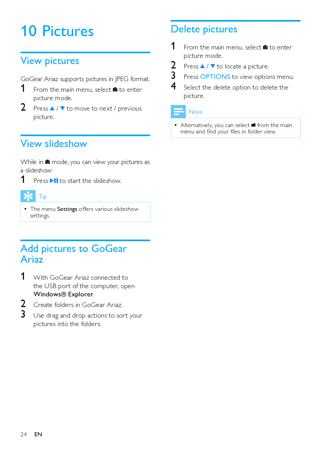 Philips SA1ARA manual Pictures, View pictures, View slideshow, Add pictures to GoGear Ariaz, Delete pictures 