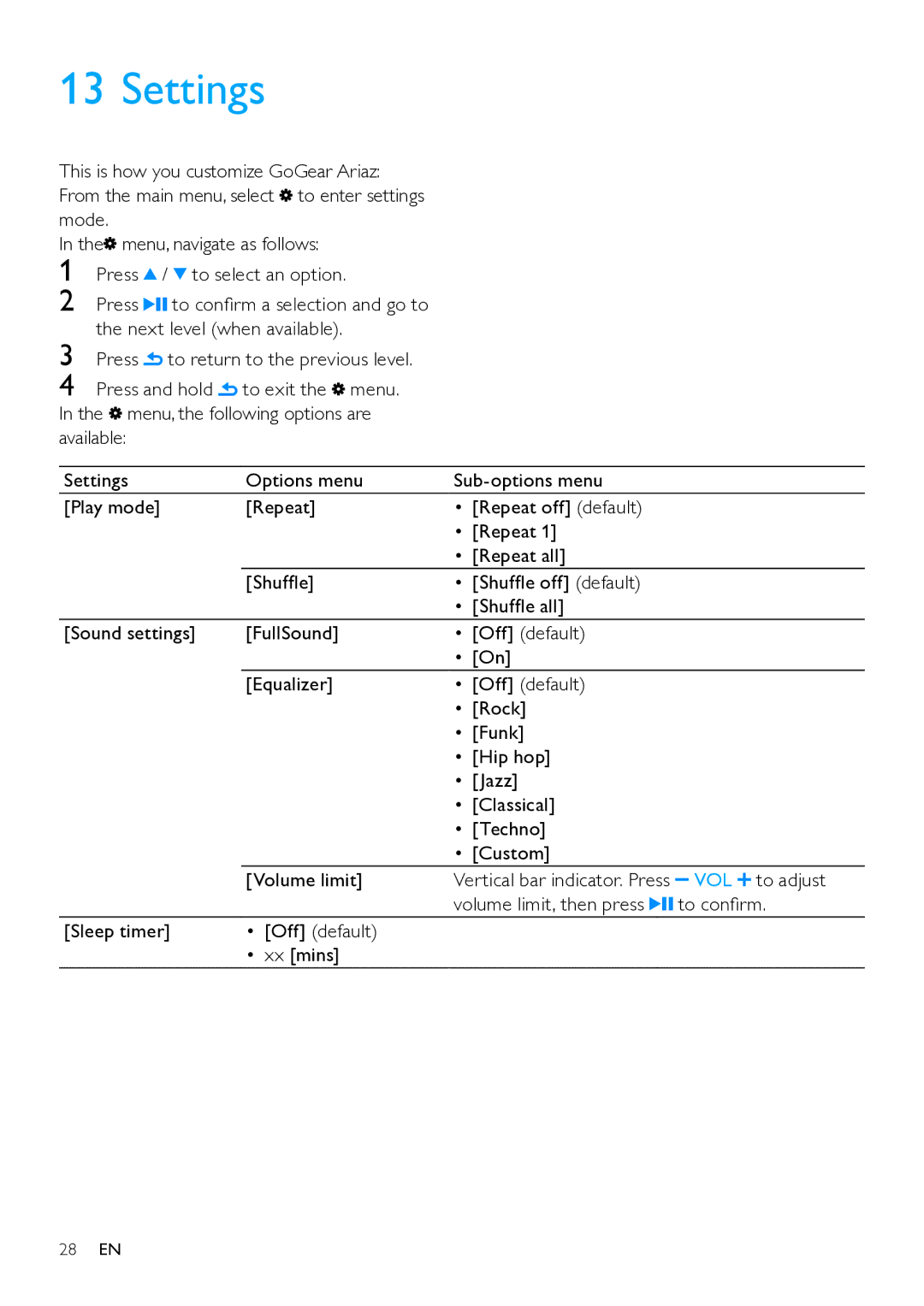 Philips SA1ARA Settings, This is how you customize GoGear Ariaz, Mode Menu, navigate as follows Press To select an option 