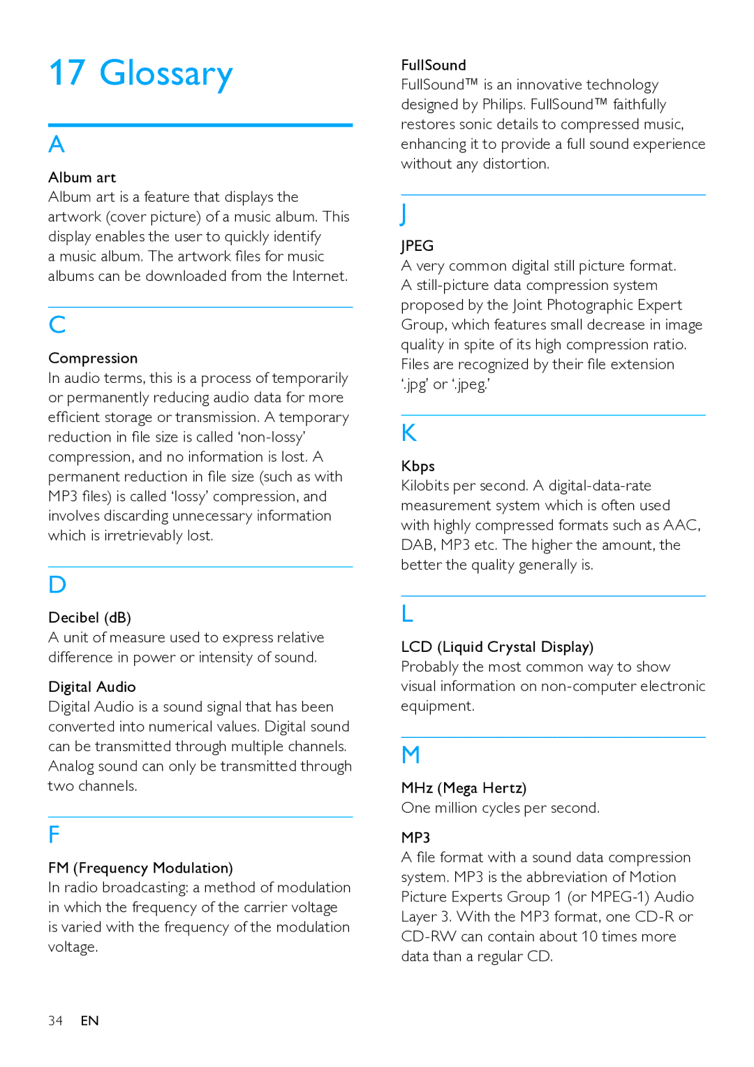 Philips SA1ARA manual Glossary, Compression, Decibel dB, Very common digital still picture format 