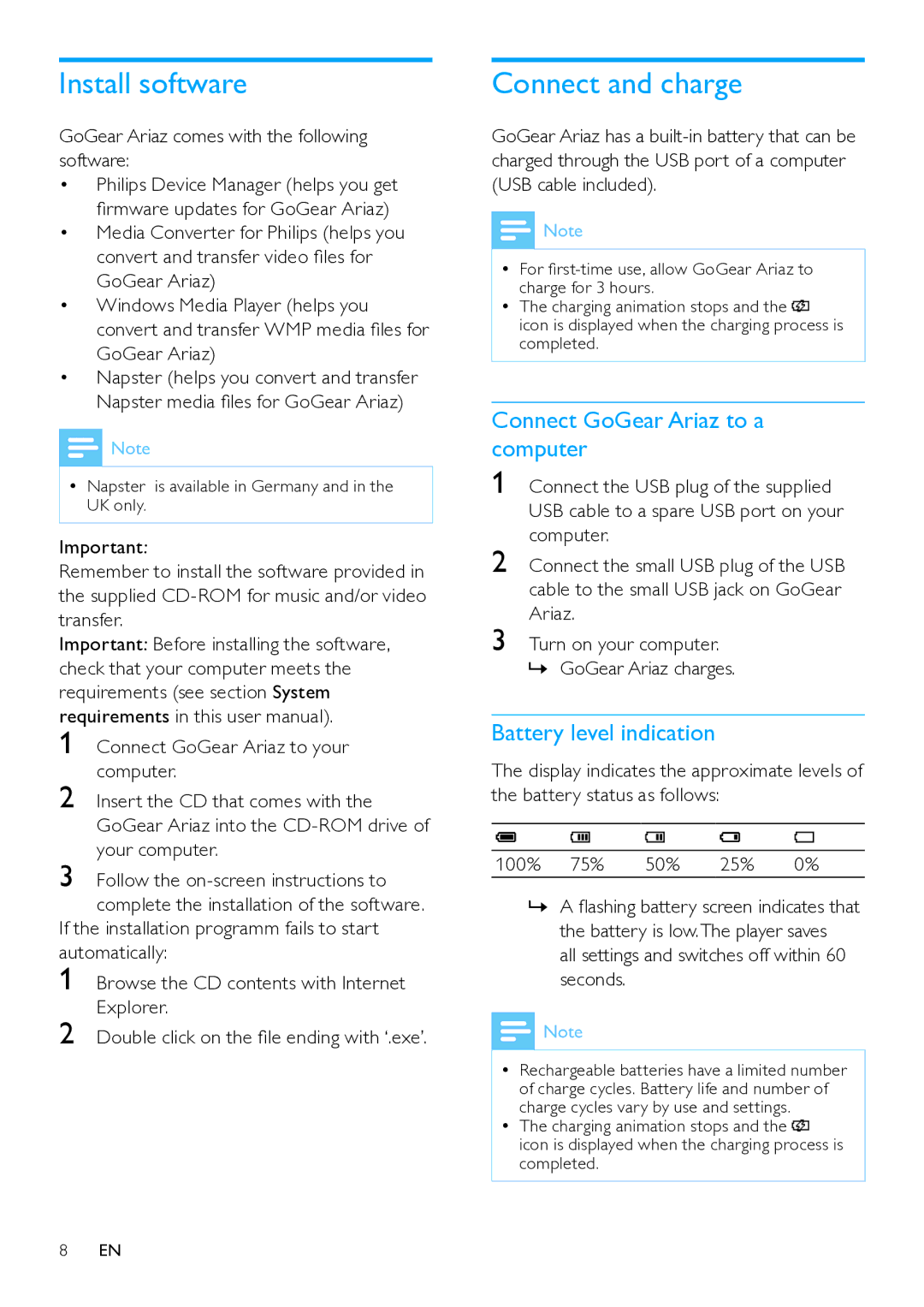 Philips SA1ARA manual Install software, Connect and charge, Connect GoGear Ariaz to a computer, Battery level indication 