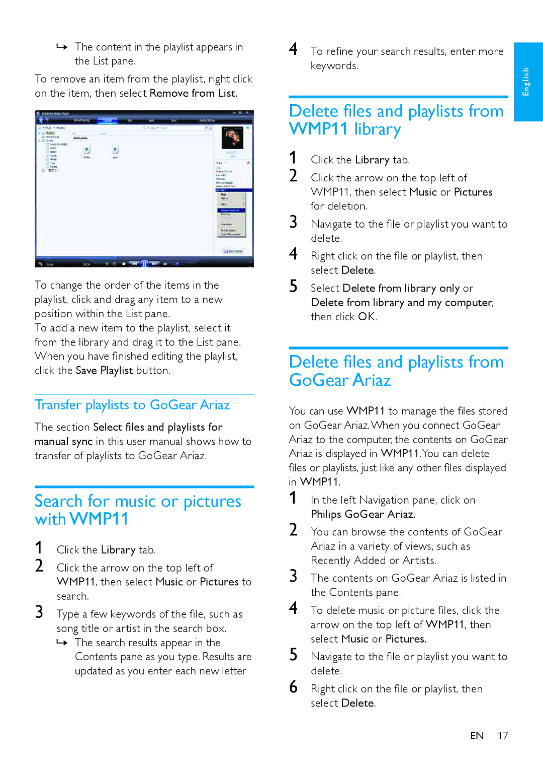 Philips SA1ARA08 Search for music or pictures with WMP11, WMP11 library, Delete files and playlists from GoGear Ariaz 