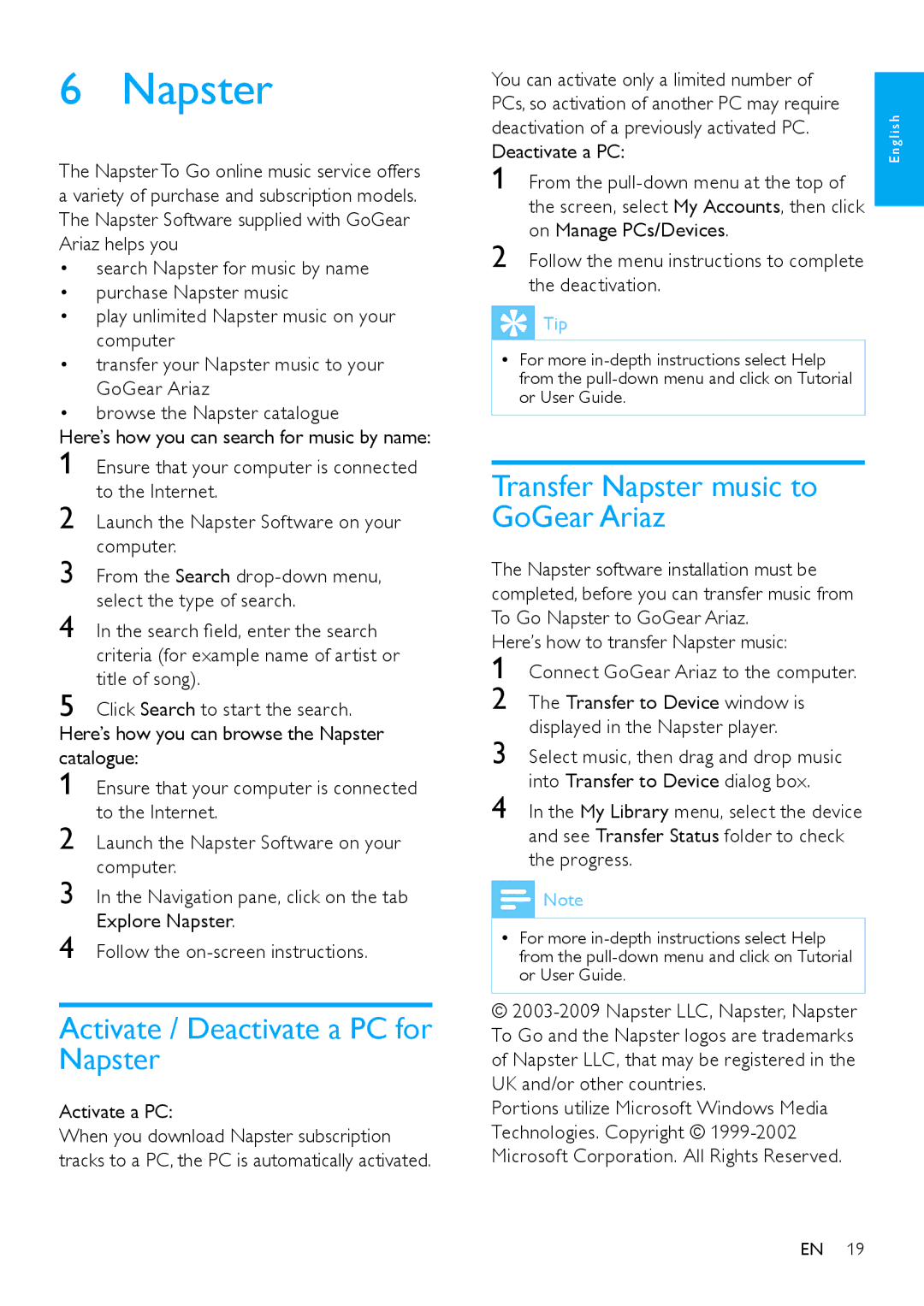 Philips SA1ARA02, SA1ARA16, SA1ARA08 Activate / Deactivate a PC for Napster, Transfer Napster music to GoGear Ariaz 