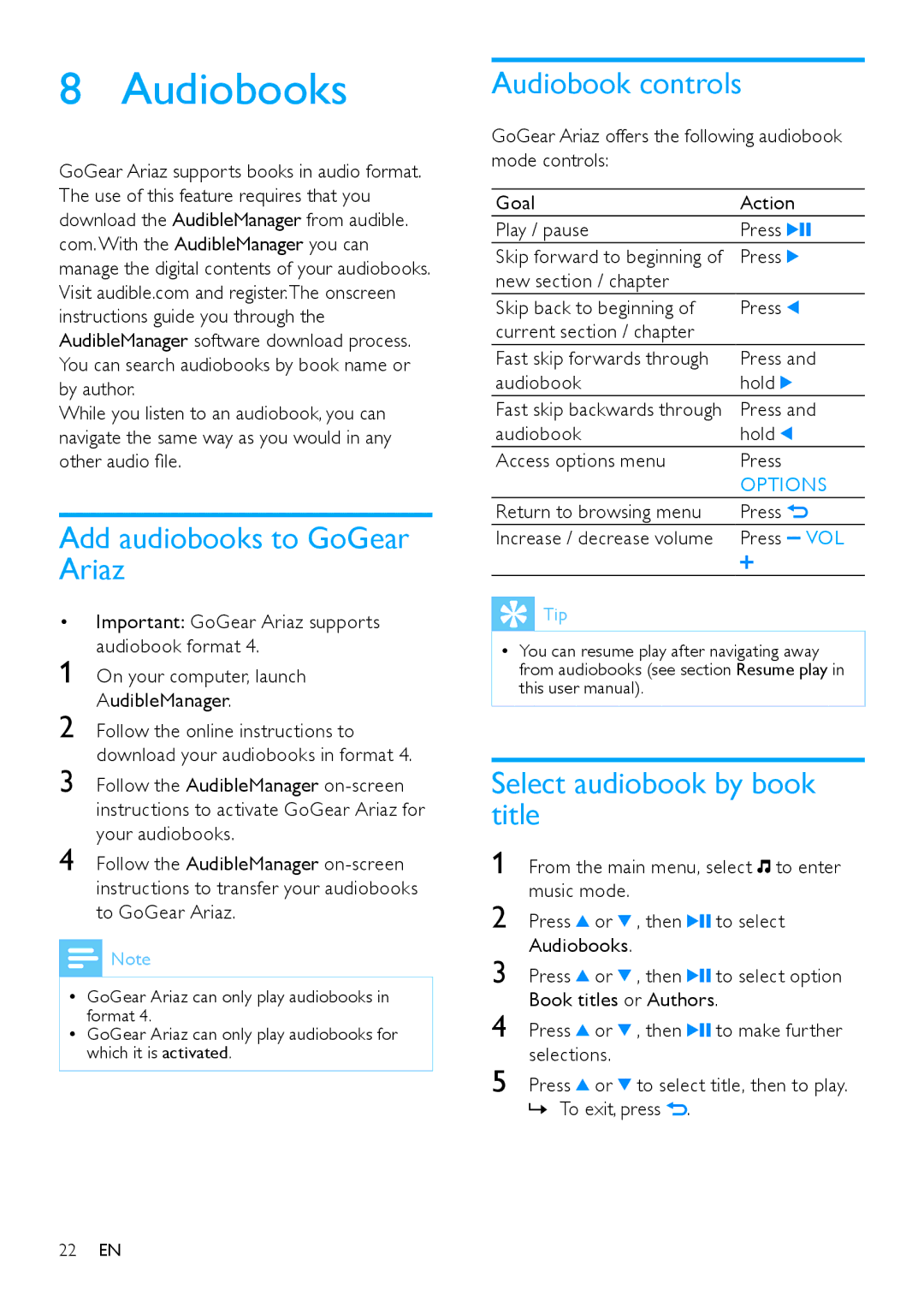 Philips SA1ARA04, SA1ARA02 Audiobooks, Add audiobooks to GoGear Ariaz, Audiobook controls, Select audiobook by book title 