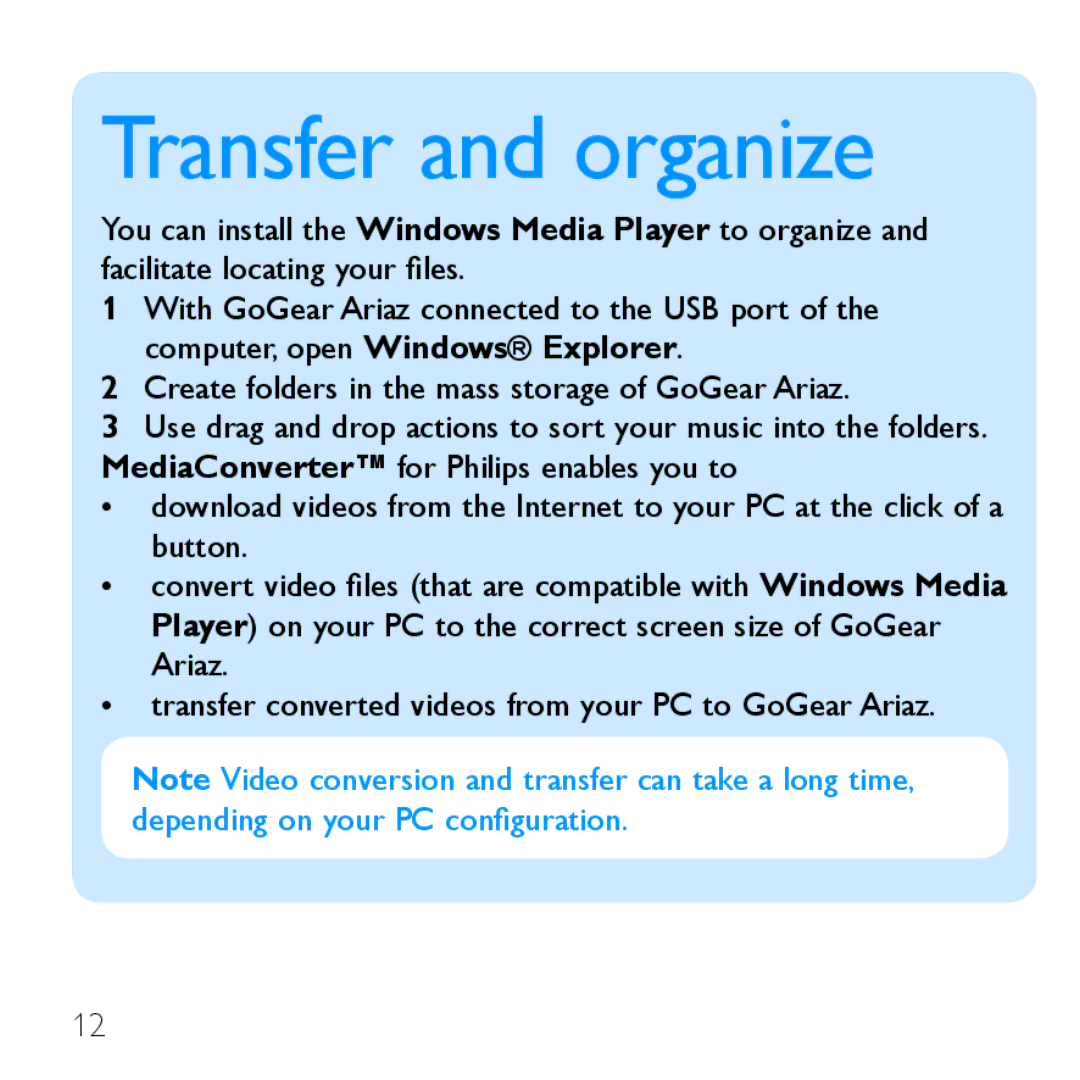 Philips SA1ARA02 quick start Transfer and organize, Create folders in the mass storage of GoGear Ariaz 