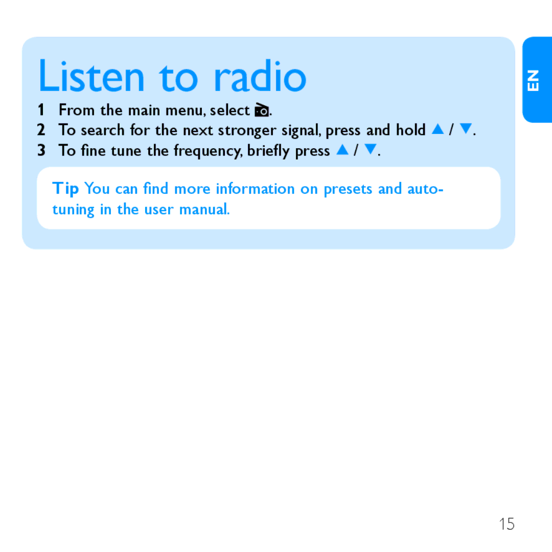 Philips SA1ARA02 quick start Listen to radio, From the main menu, select 