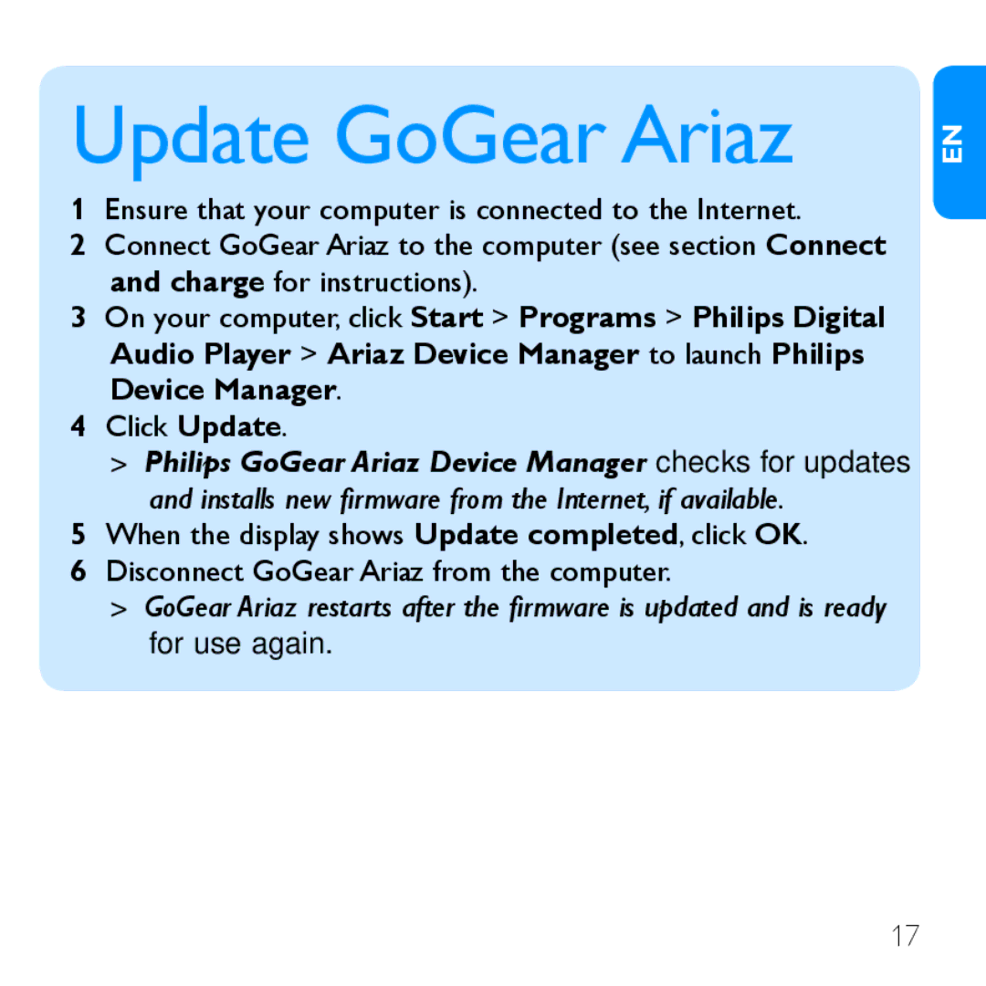 Philips SA1ARA02 quick start Update GoGear Ariaz, 444Click Update 