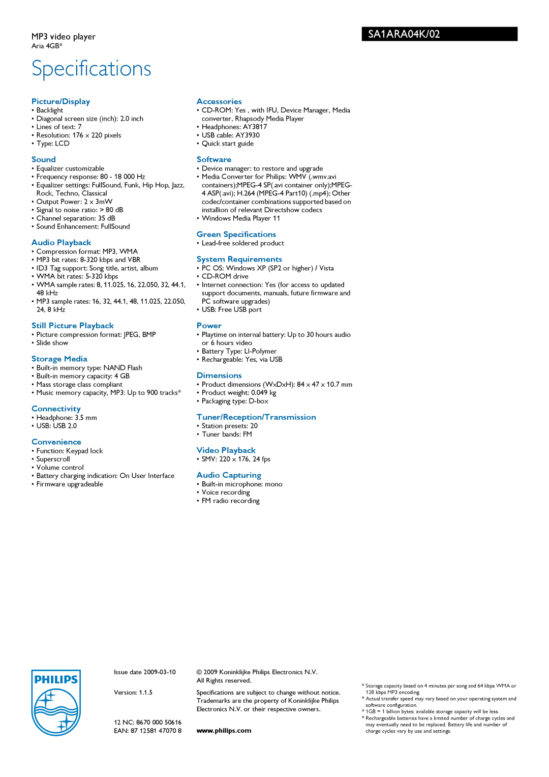 Philips SA1ARA04K Picture/Display Accessories, Sound, Audio Playback, Software, Green Specifications, System Requirements 