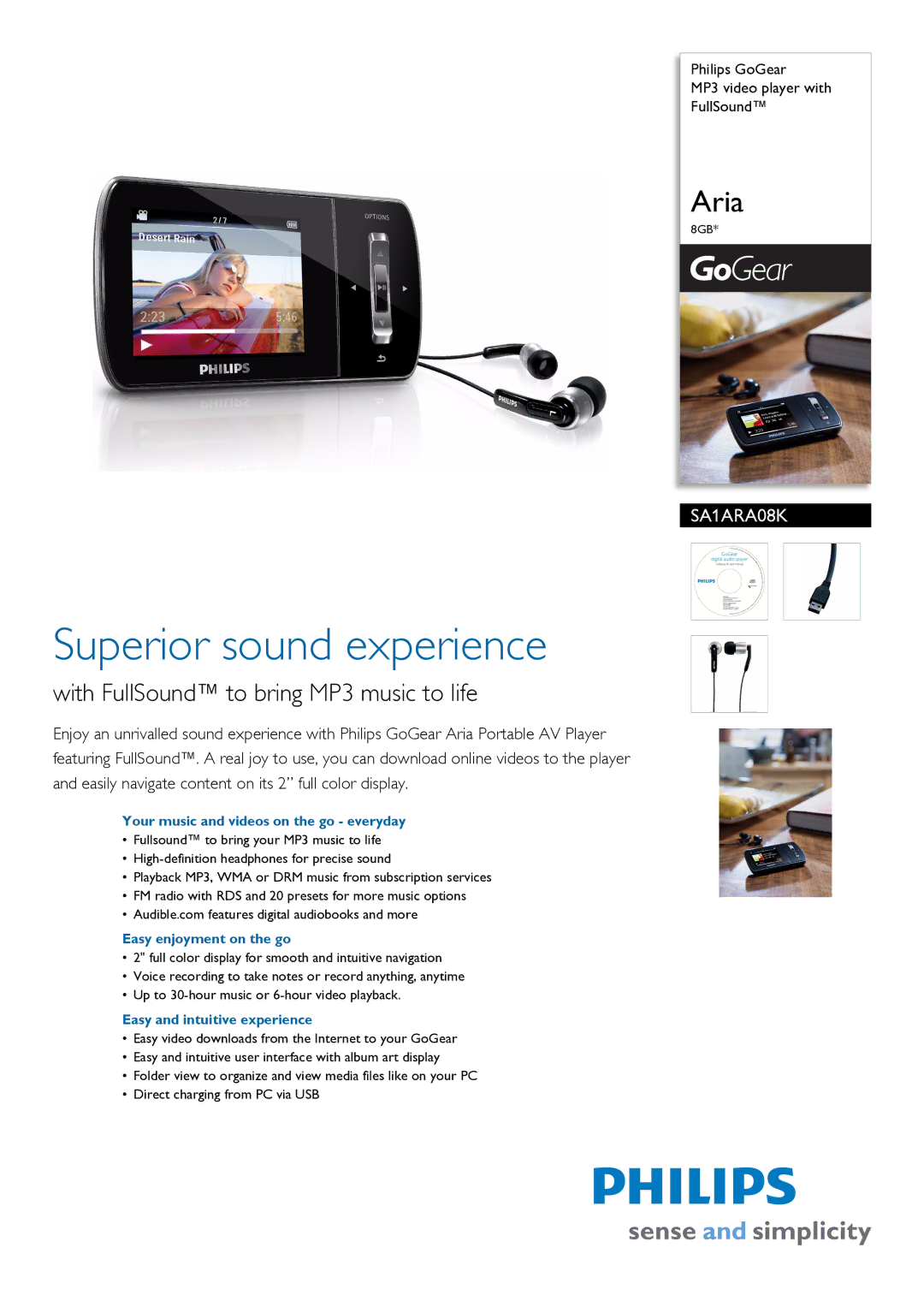 Philips SA1ARA08K/97 manual Your music and videos on the go everyday, Easy enjoyment on the go 