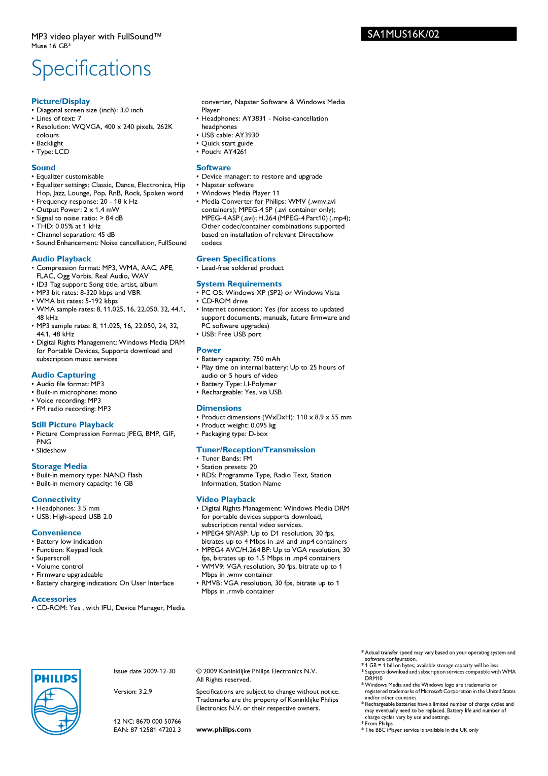 Philips SA1MUS16K/02 Picture/Display, Sound, Software, Audio Playback, Audio Capturing, Still Picture Playback, Power 