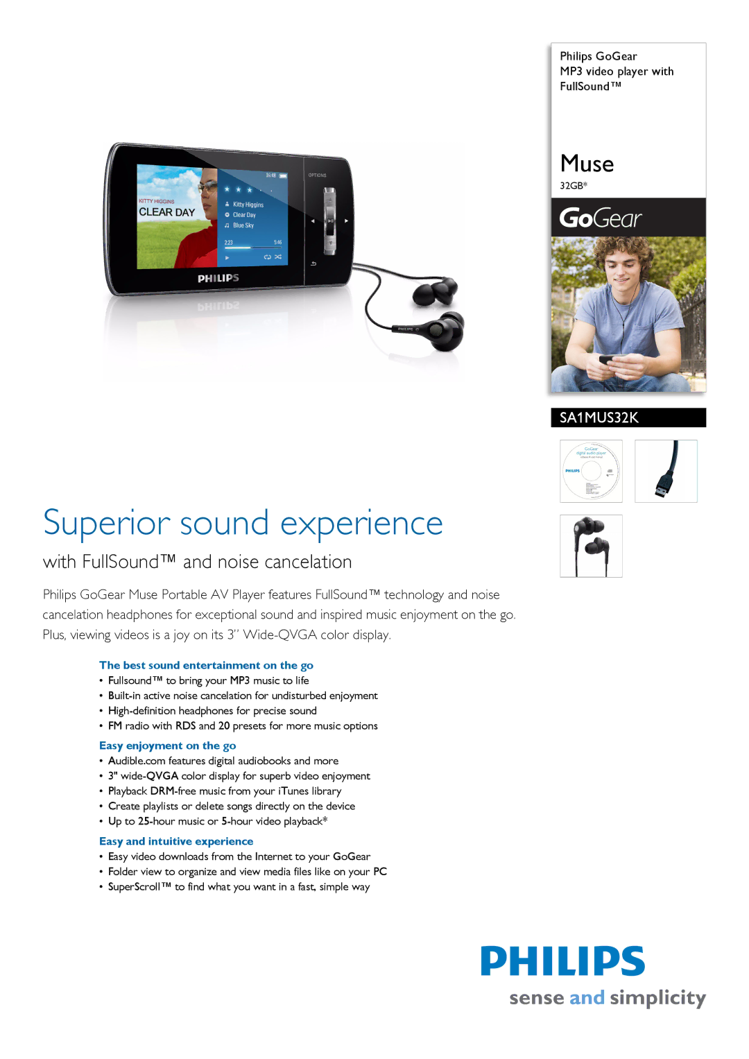 Philips SA1MUS32K manual Best sound entertainment on the go, Easy enjoyment on the go, Easy and intuitive experience 