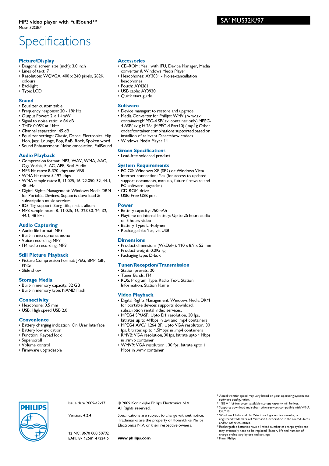 Philips SA1MUS32K Picture/Display, Sound, Audio Playback, Audio Capturing, Still Picture Playback, Storage Media, Software 