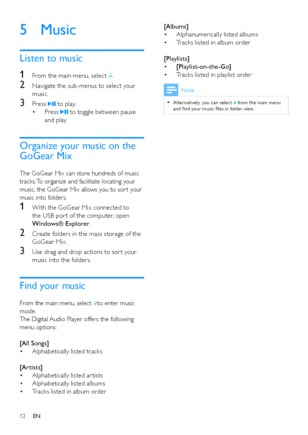 Philips SA1MXX02P user manual Music, Listen to music, Organize your music on the GoGear Mix, Find your music 