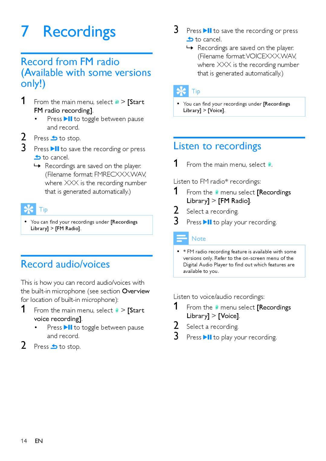 Philips SA1MXX02P user manual Recordings, Record from FM radio Available with some versions only, Record audio/voices 