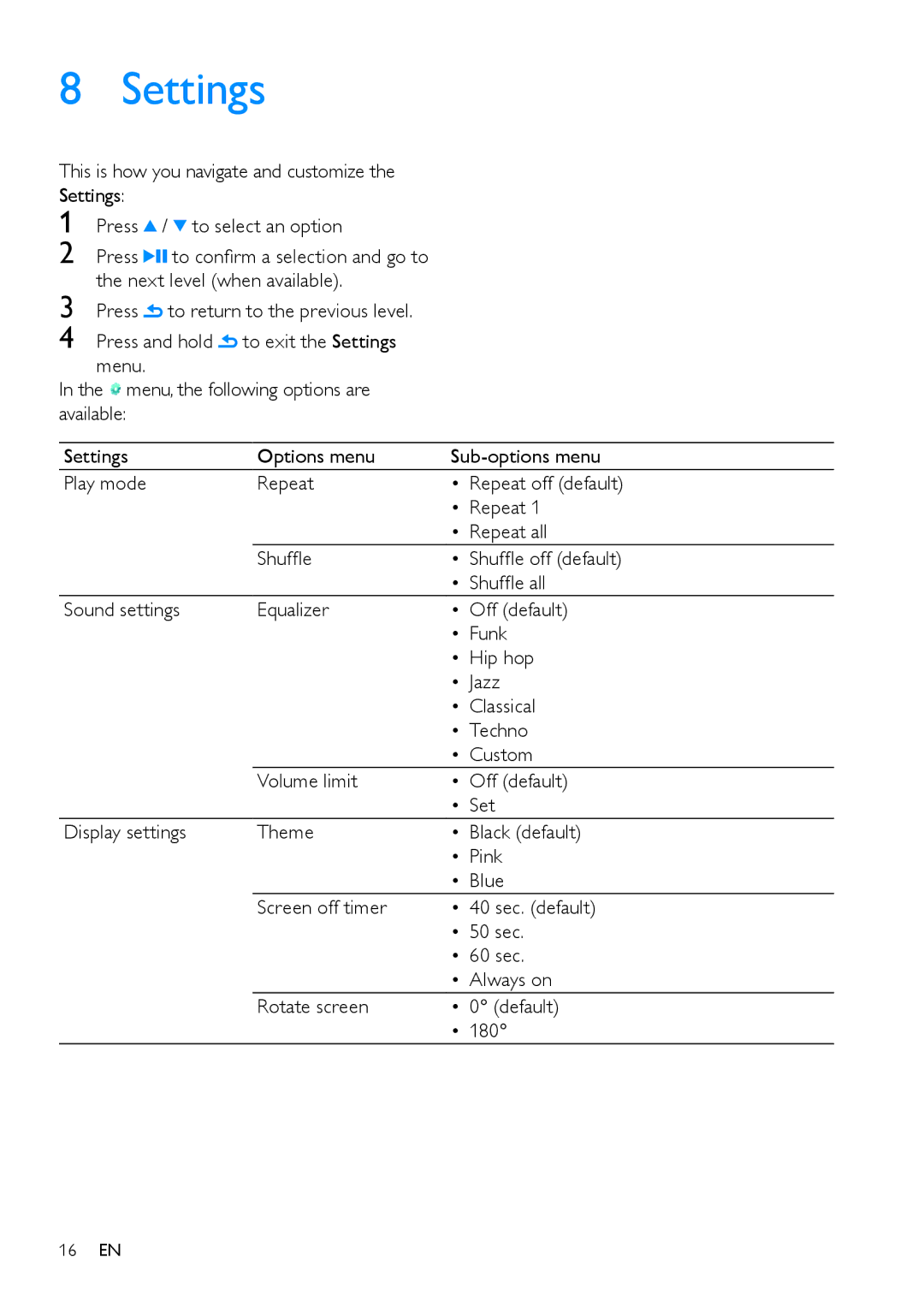 Philips SA1MXX02P user manual Settings Press To select an option, Next level when available 