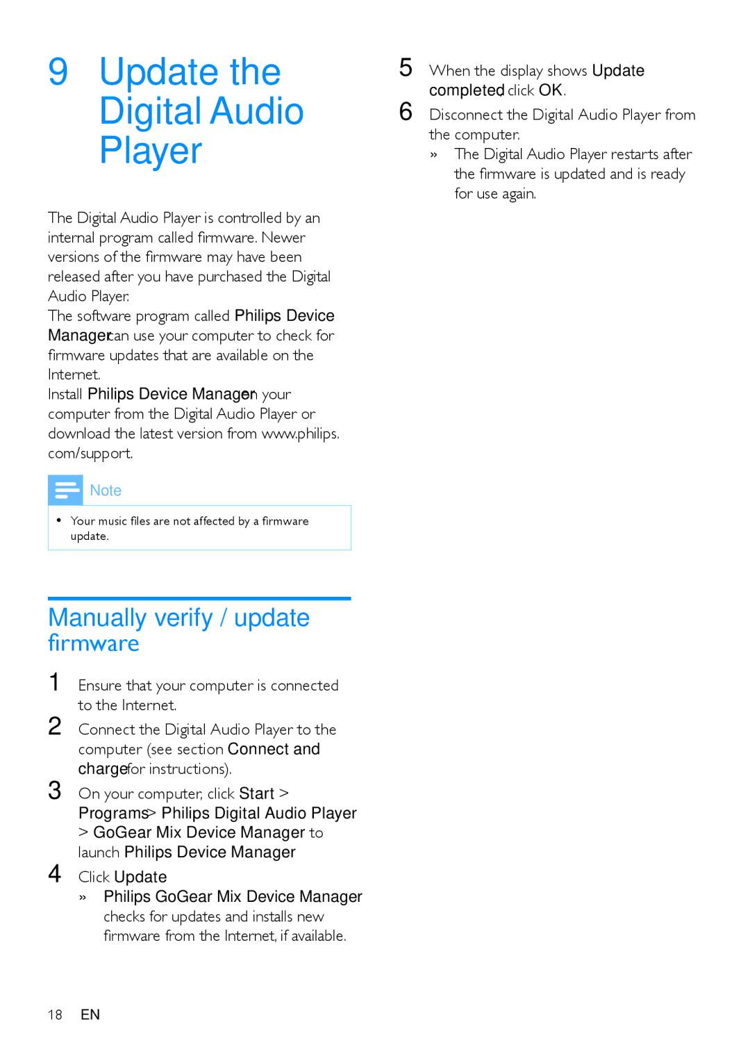 Philips SA1MXX02P user manual Manually verify / update firmware, Click Update 