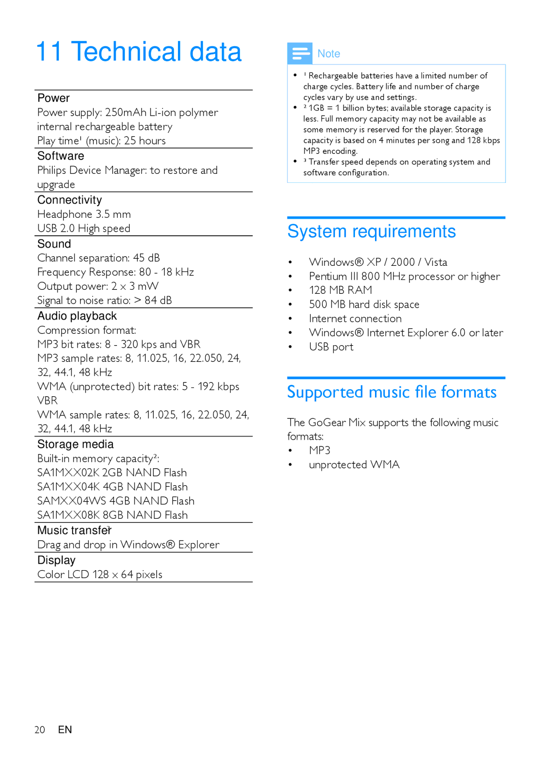 Philips SA1MXX02P user manual Technical data, System requirements, Supported music file formats, Power 