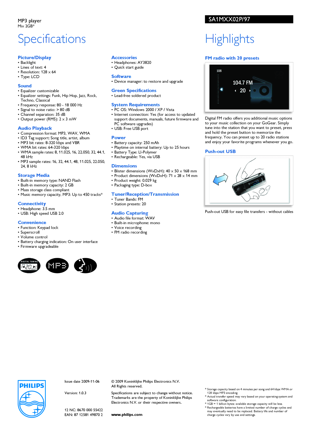 Philips SA1MXX02P/97 manual Specifications, Highlights 