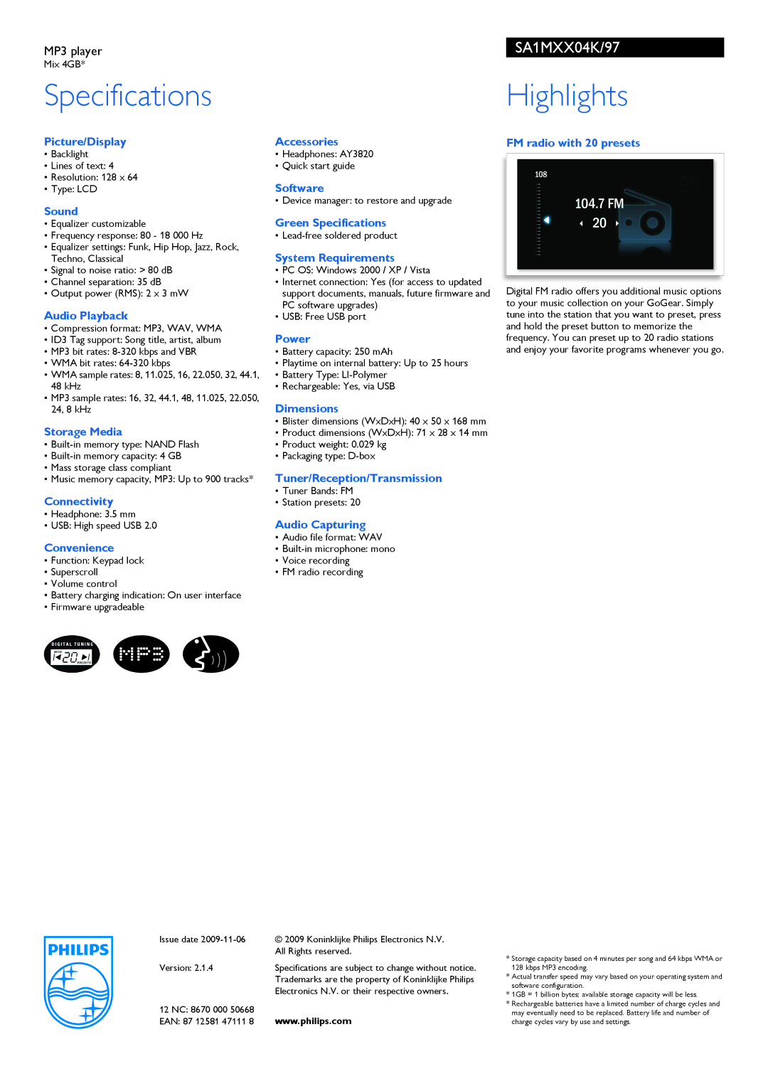 Philips SA1MXX04K/97 manual Specifications, Highlights 