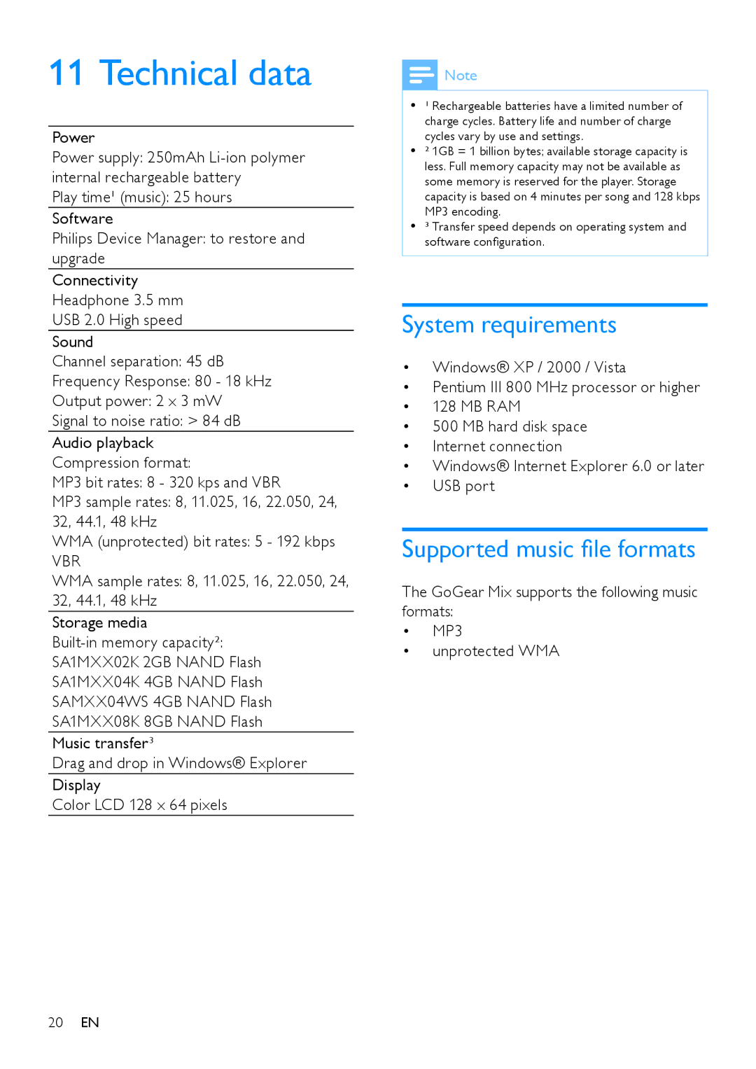 Philips SA1MXX02K, SA1MXX04KN, SA1MXX04B, SA1MXX02W Technical data, System requirements, Supported music file formats, Power 