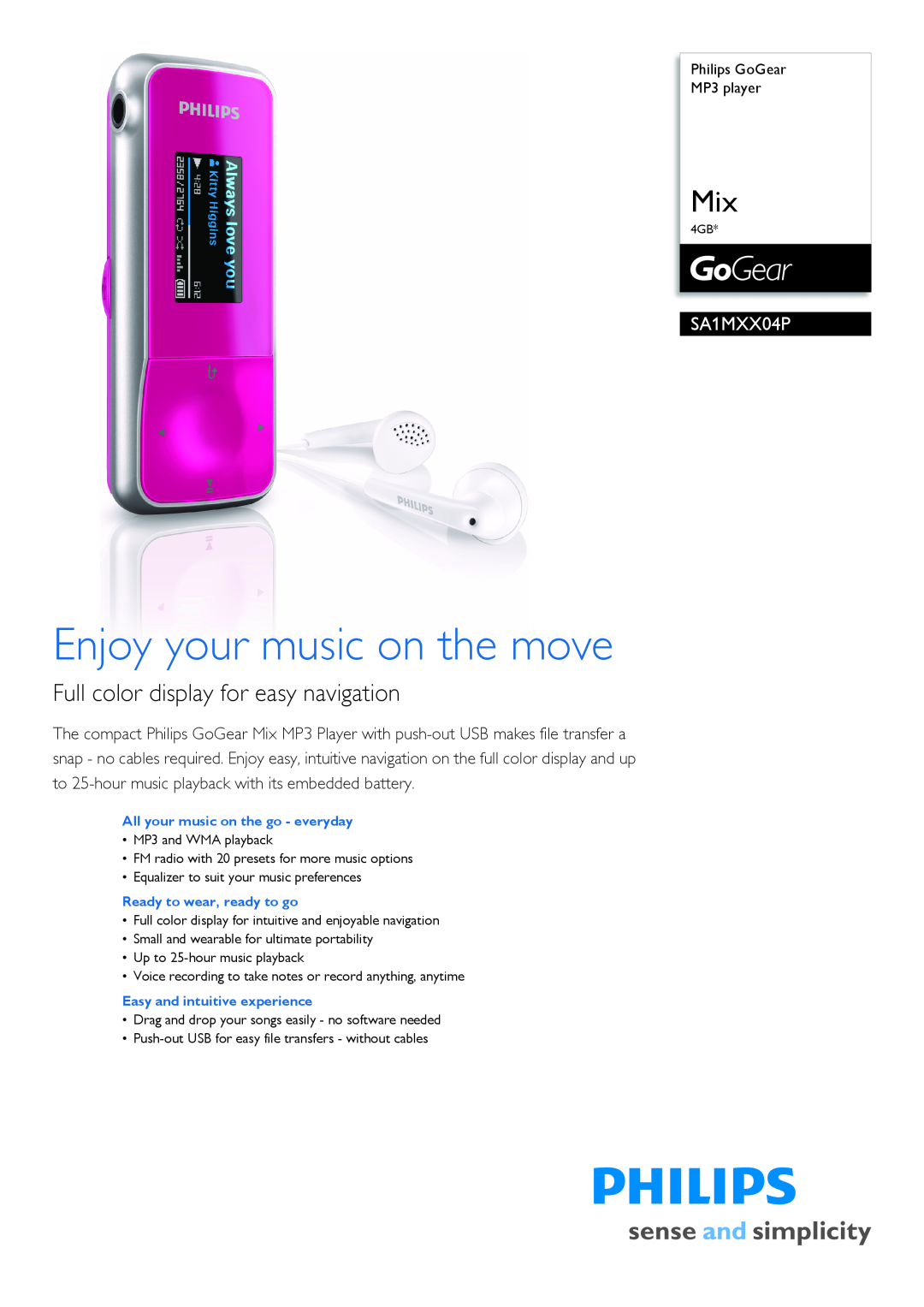 Philips SA1MXX04P/97 manual Philips GoGear MP3 player, Enjoy your music on the move 
