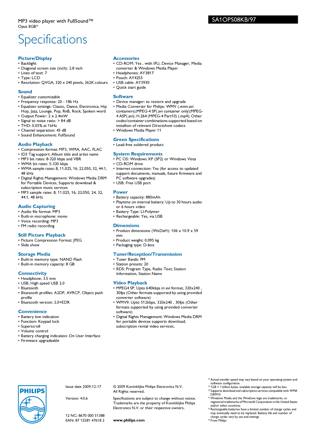 Philips SA1OPS08KB Picture/Display, Sound, Audio Playback, Audio Capturing, Still Picture Playback, Accessories, Software 