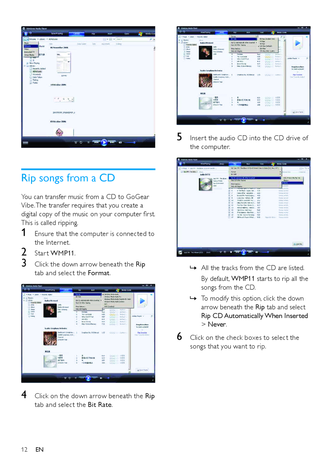 Philips SA1VBE user manual Rip songs from a CD 