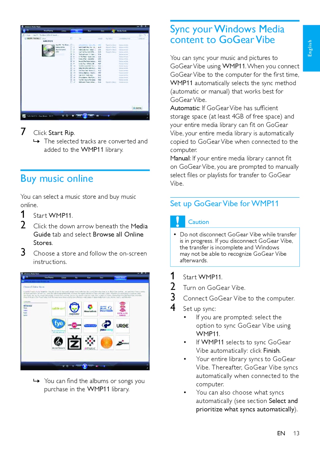 Philips SA1VBE user manual Buy music online, Sync your Windows Media Content to GoGear Vibe, Set up GoGear Vibe for WMP11 