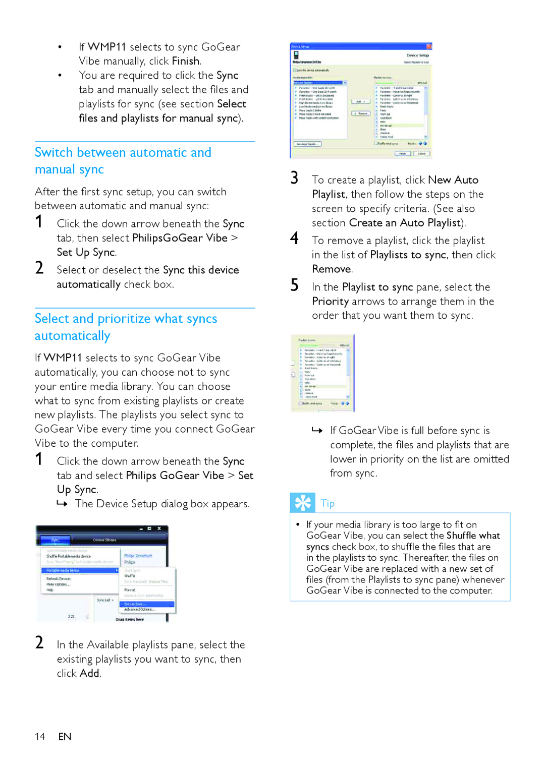 Philips SA1VBE user manual Switch between automatic and manual sync, Select and prioritize what syncs automatically 