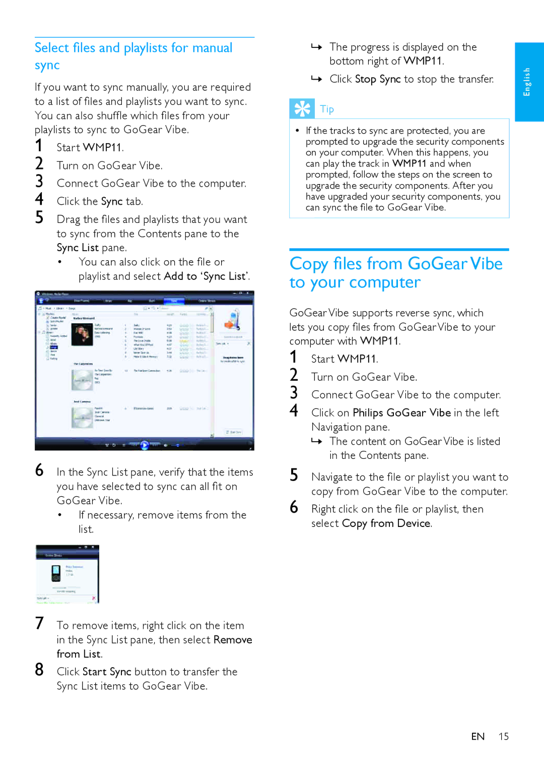 Philips SA1VBE user manual Copy files from GoGear Vibe to your computer, Select files and playlists for manual sync 