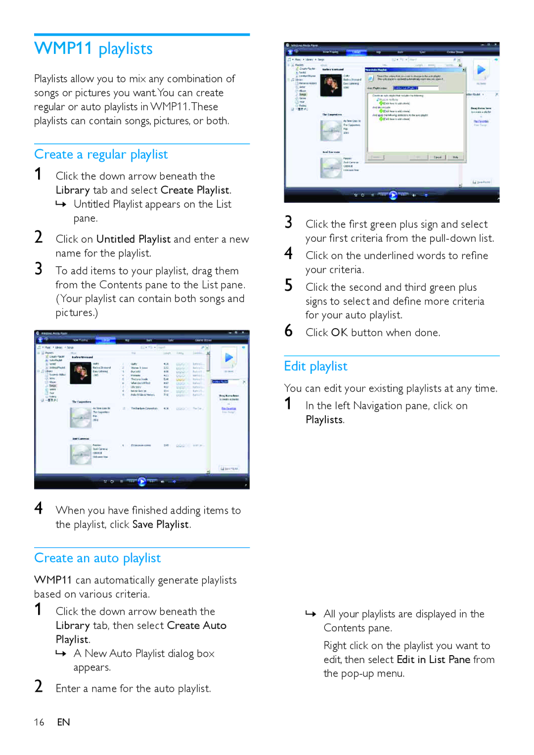 Philips SA1VBE user manual WMP11 playlists, Create a regular playlist, Create an auto playlist, Edit playlist 