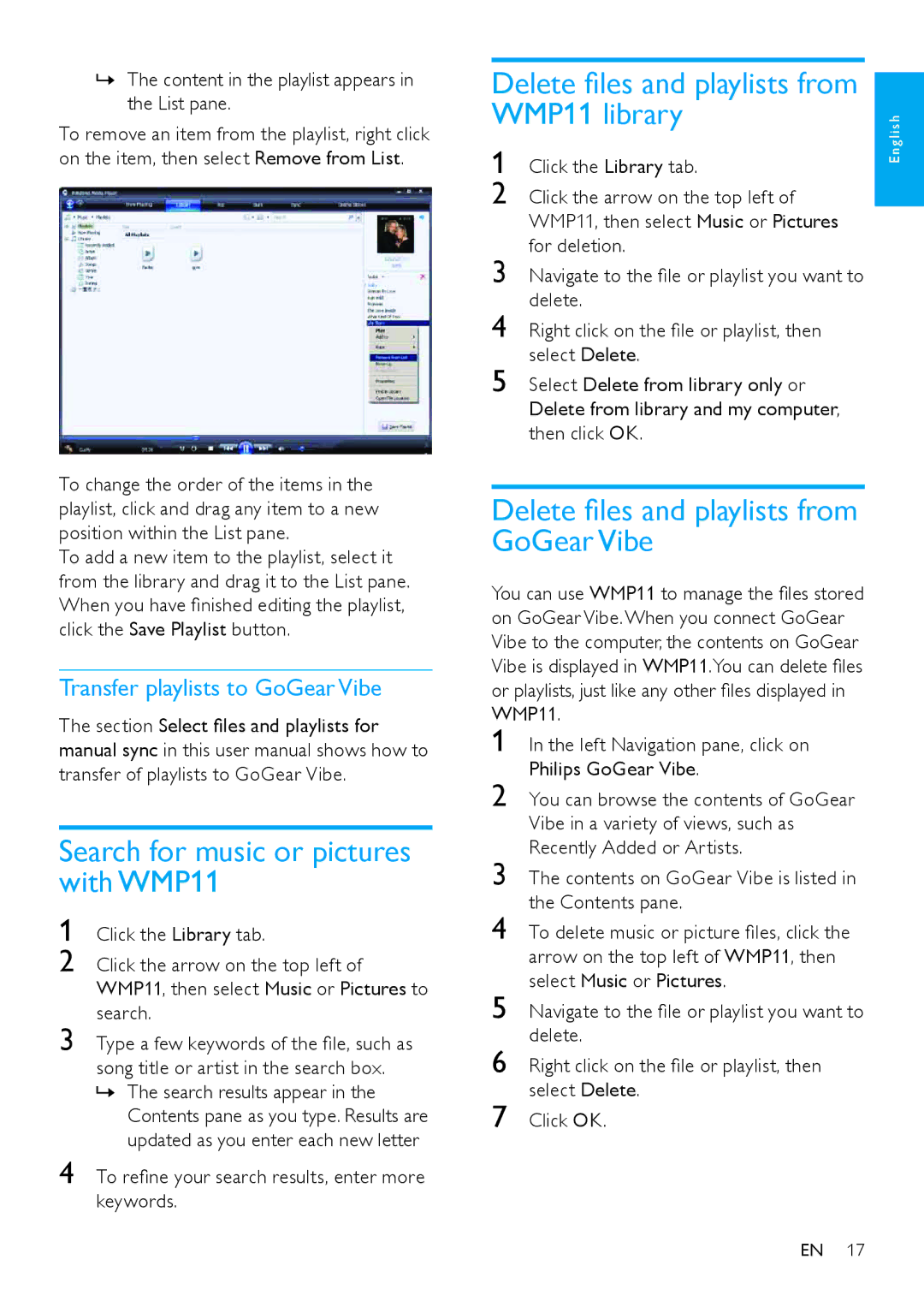 Philips SA1VBE Search for music or pictures with WMP11, WMP11 library, Delete files and playlists from GoGear Vibe 