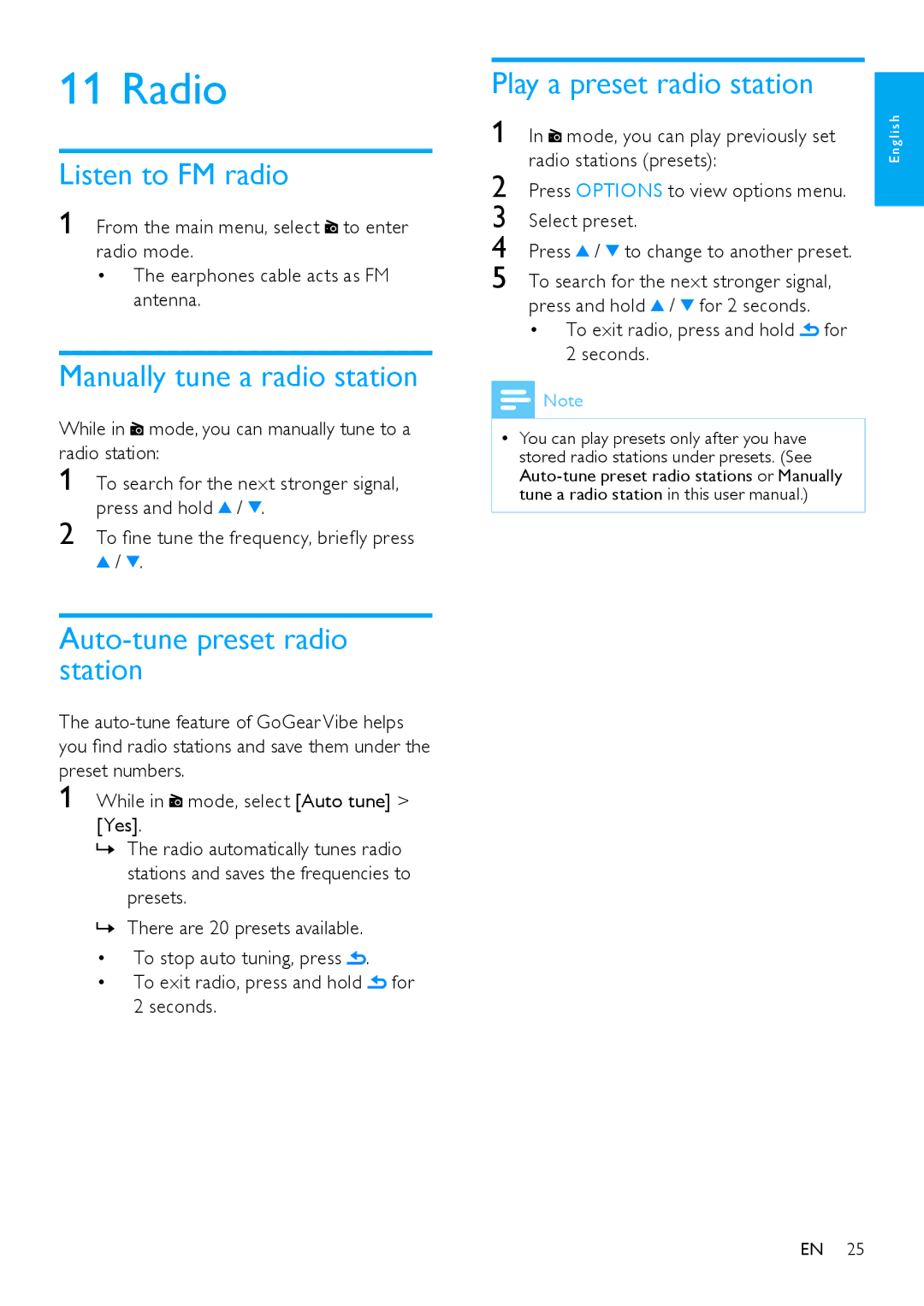 Philips SA1VBE user manual Radio, Listen to FM radio, Manually tune a radio station, Auto-tune preset radio station 