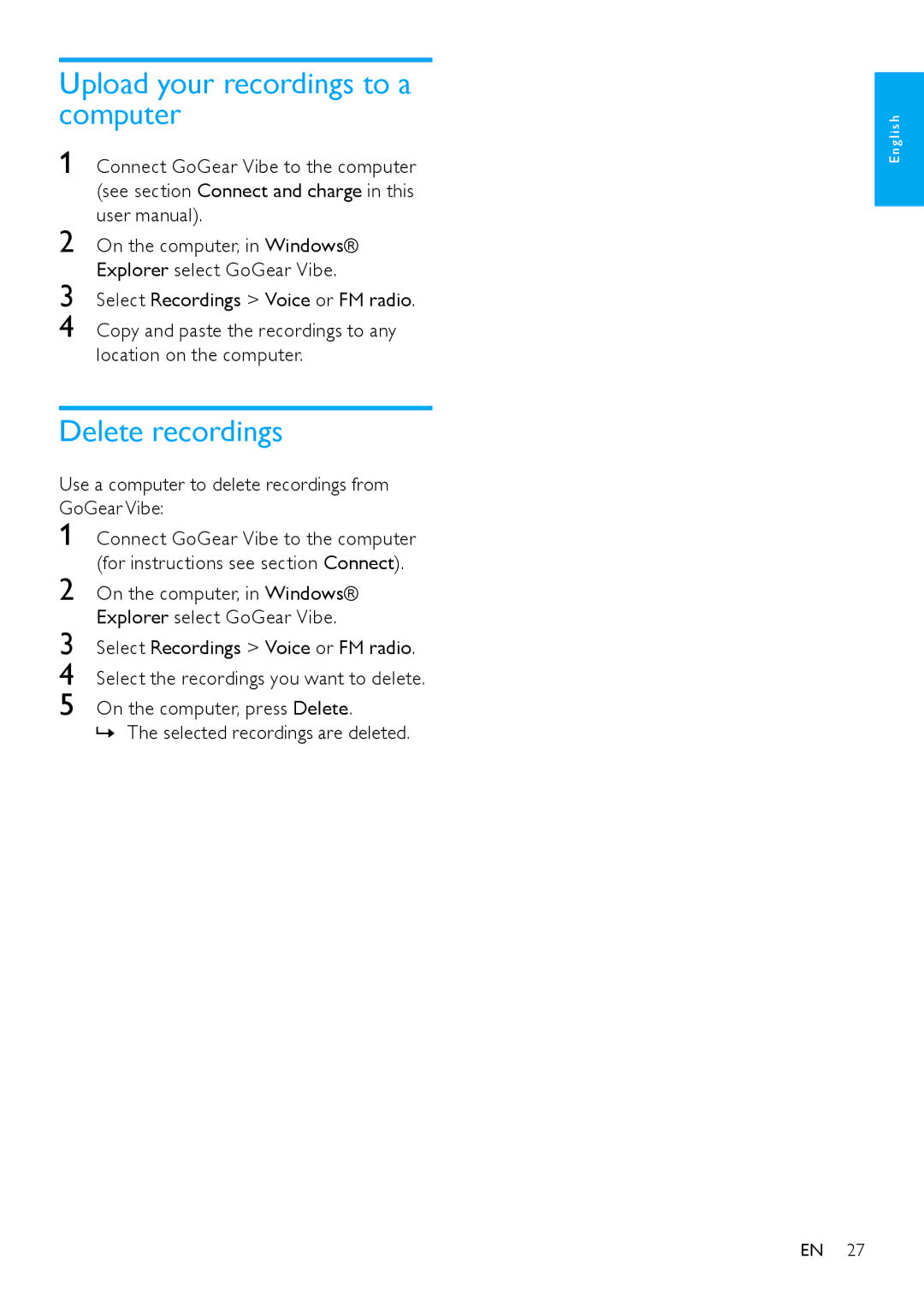 Philips SA1VBE user manual Upload your recordings to a computer Delete recordings 