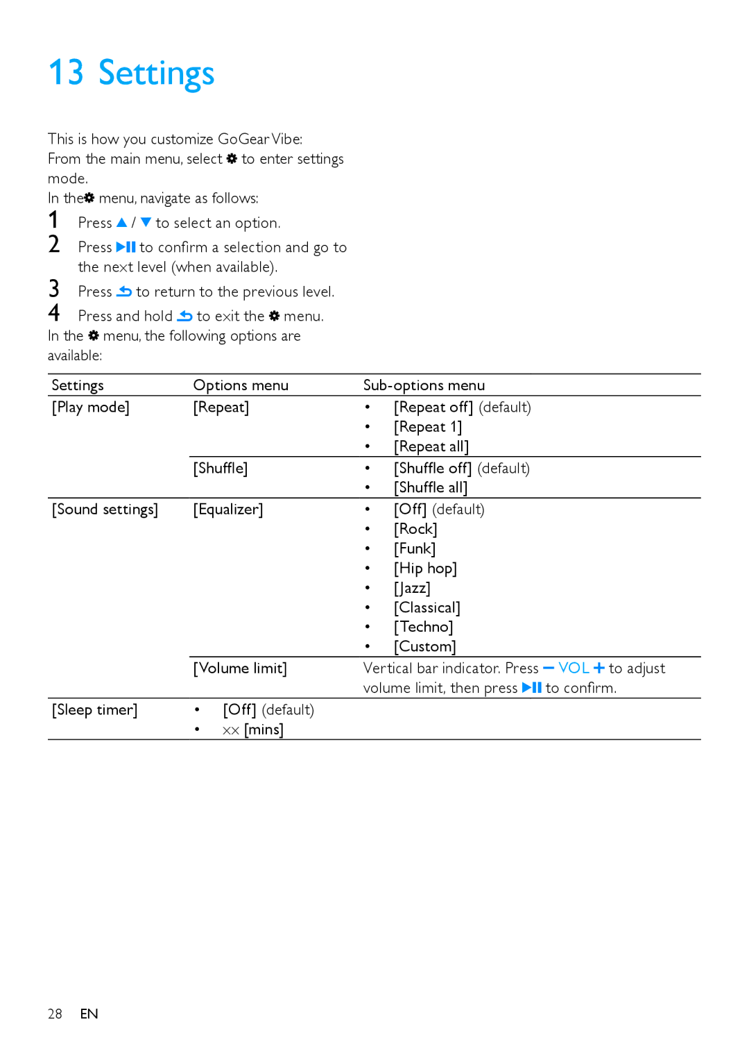 Philips SA1VBE Settings, This is how you customize GoGear Vibe, Mode Menu, navigate as follows Press To select an option 