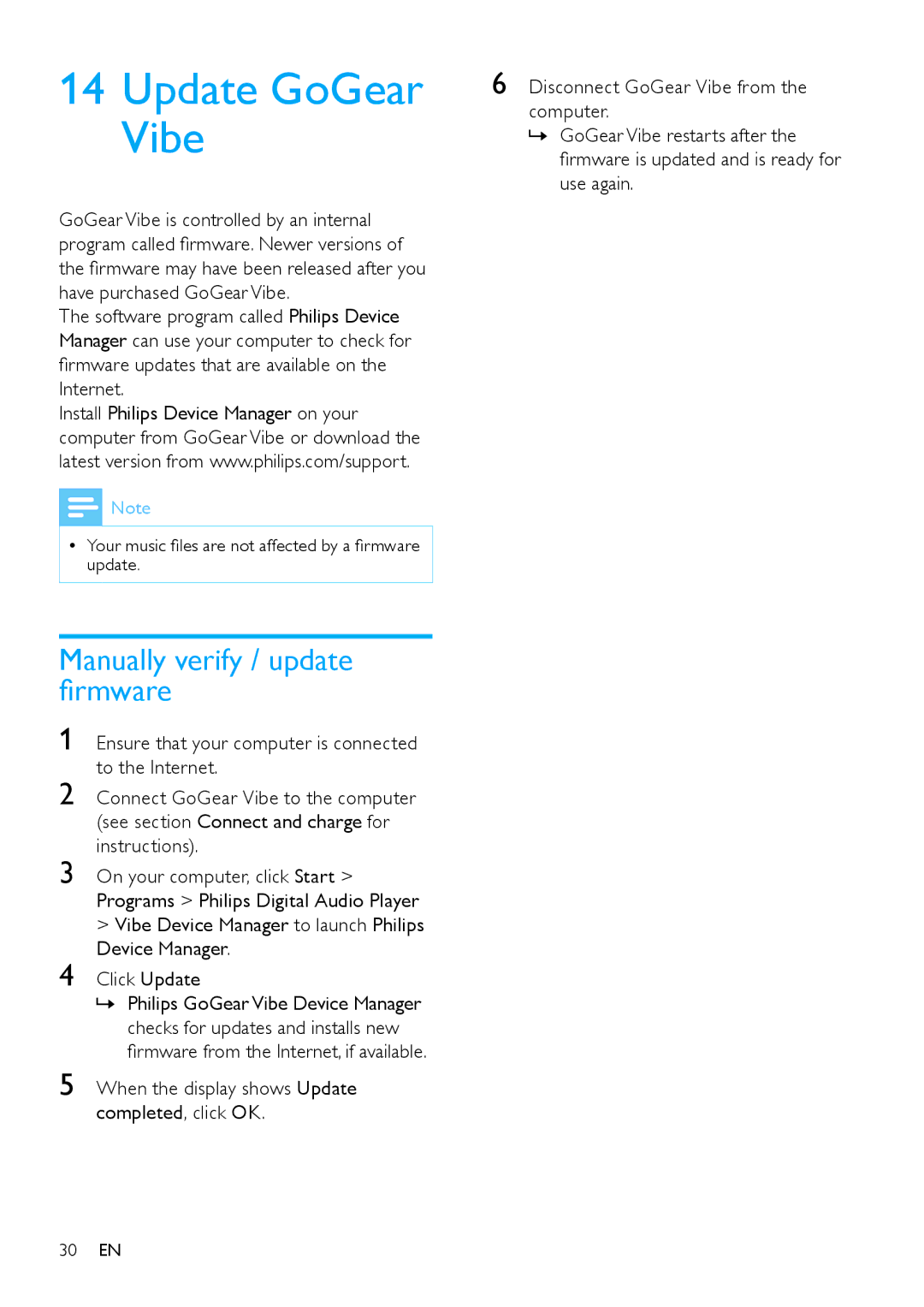 Philips SA1VBE user manual Update GoGear Vibe, Manually verify / update firmware 