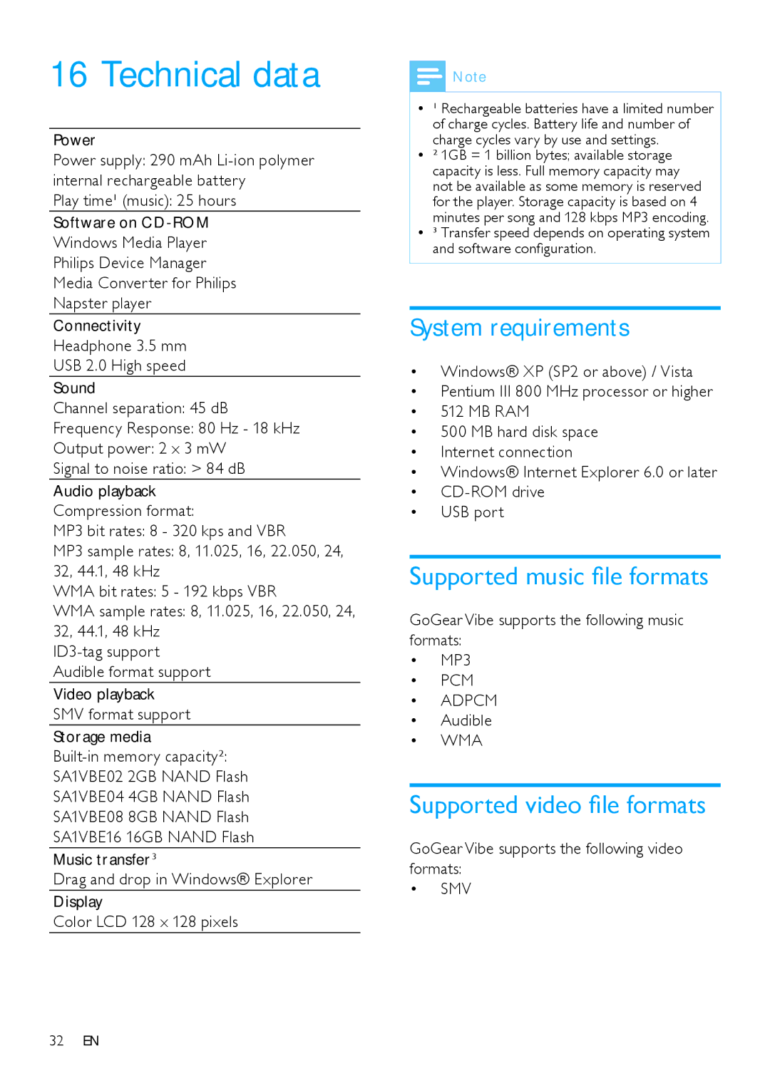 Philips SA1VBE user manual Technical data, System requirements, Supported music file formats, Supported video file formats 