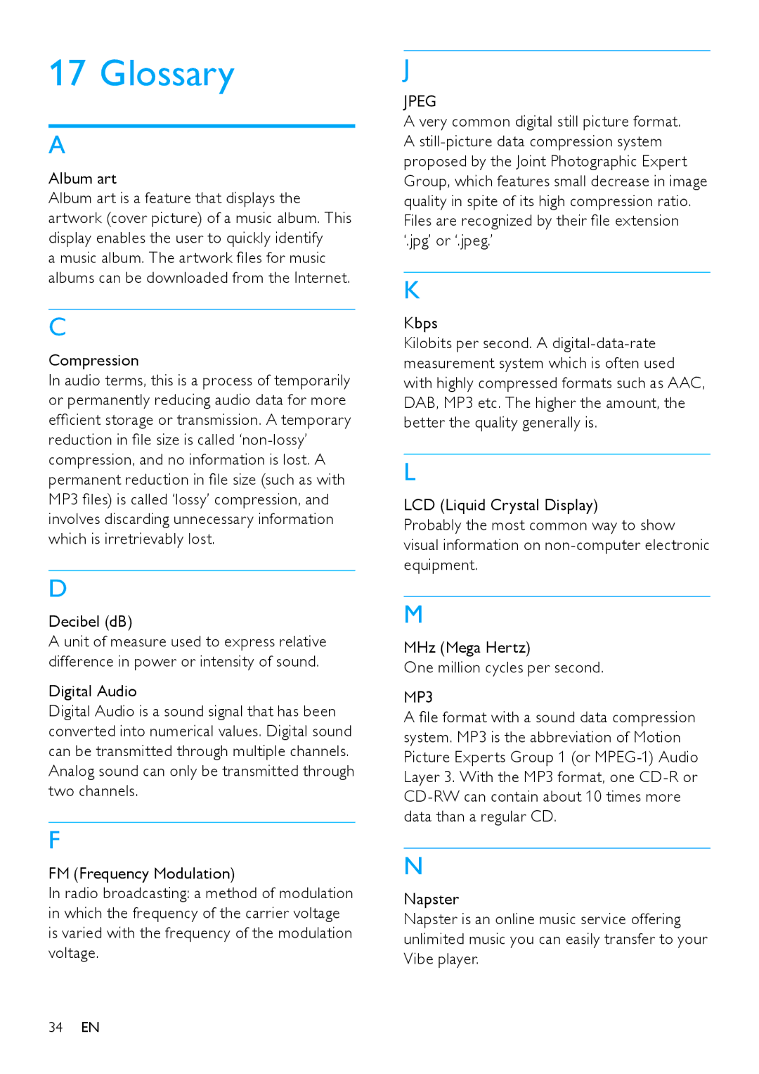 Philips SA1VBE user manual Glossary, Compression, Decibel dB, Very common digital still picture format 