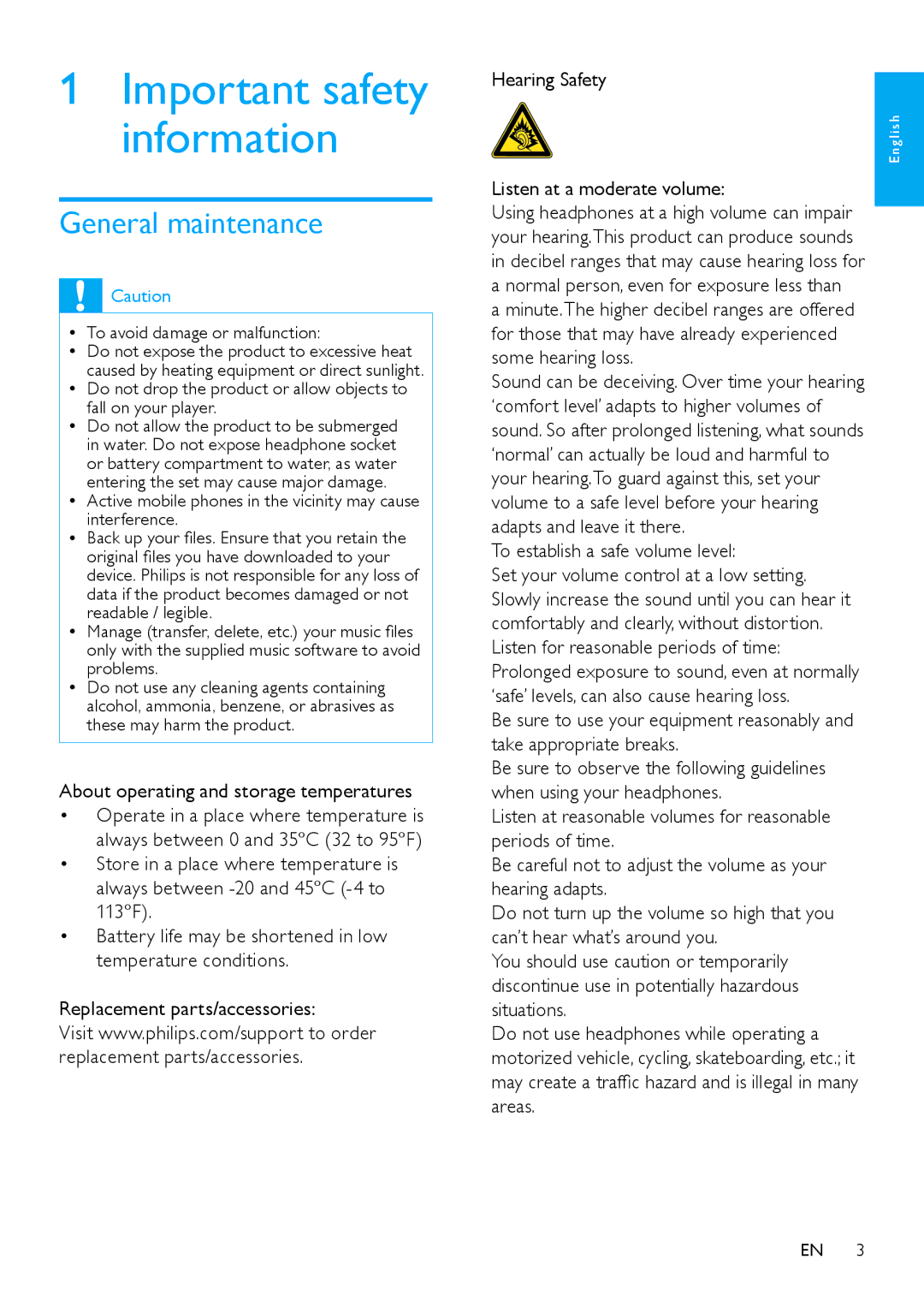 Philips SA1VBE user manual General maintenance, About operating and storage temperatures, Listen at a moderate volume 