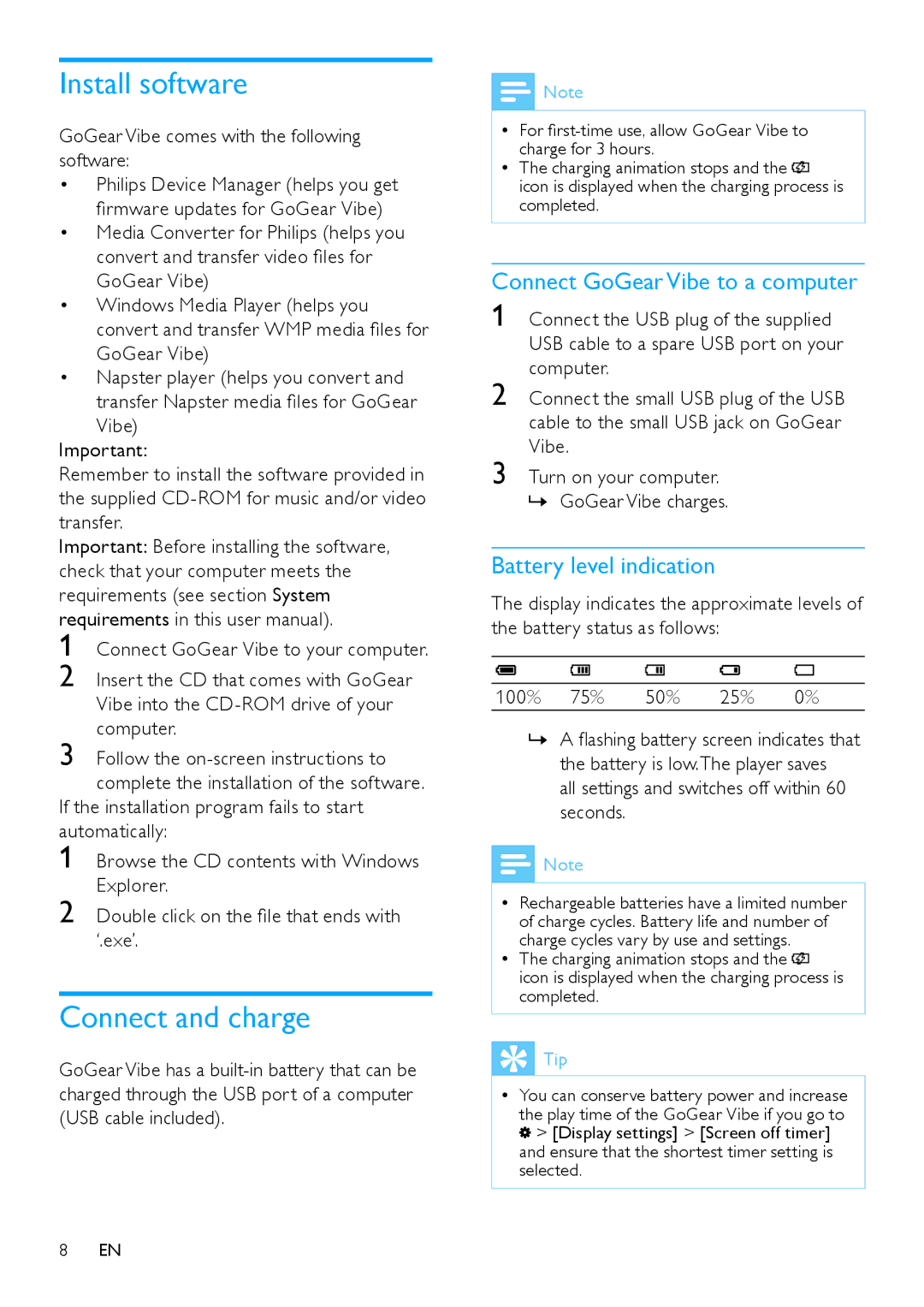 Philips SA1VBE Install software, Connect and charge, Connect GoGear Vibe to a computer, Battery level indication 