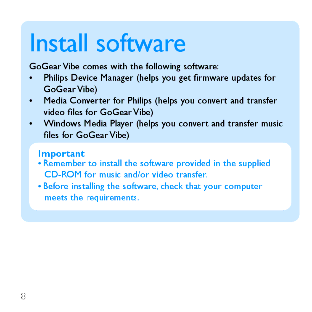 Philips SA1VBE08, SA1VBE02, SA1VBE16, SA1VBE04 quick start Install software 