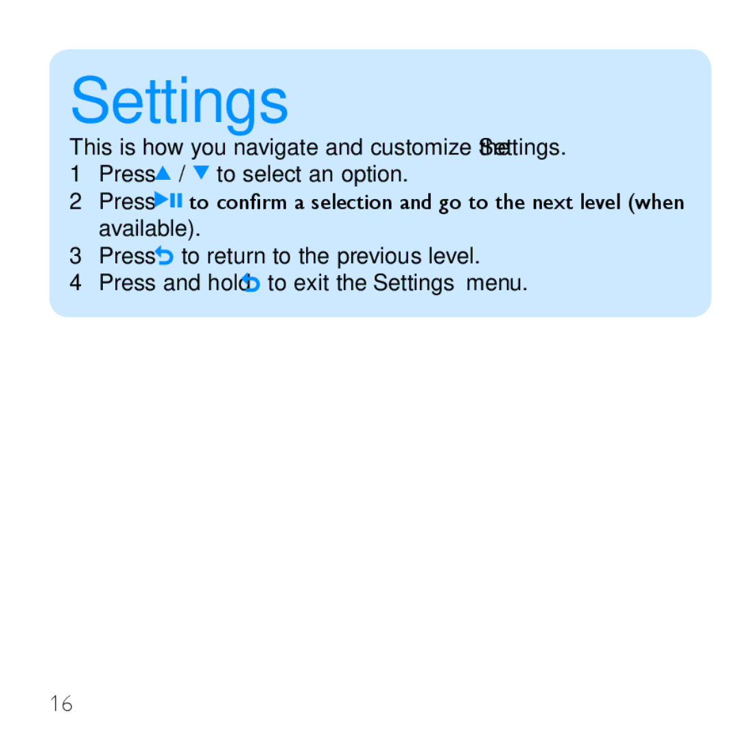 Philips SA1VBE08, SA1VBE02, SA1VBE16, SA1VBE04 quick start Settings 